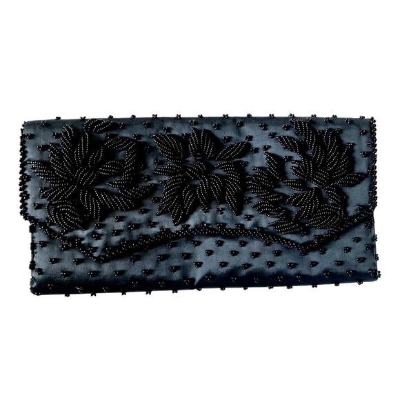 Vintage 1950s Beaded Clutch STYLECRAFT MIAMI Satin MCM Black Evening Bag Wallet - Picture 2 of 5